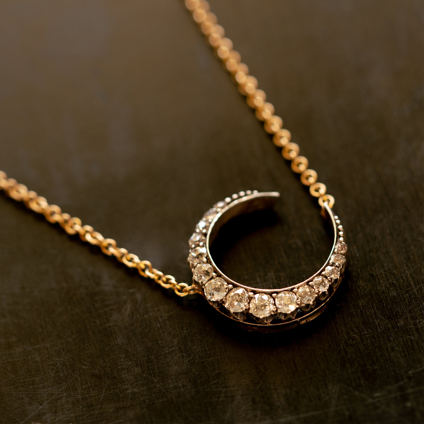 VICTORIAN GOLD AND MINE CUT DIAMOND MOON CHAIN 1880s