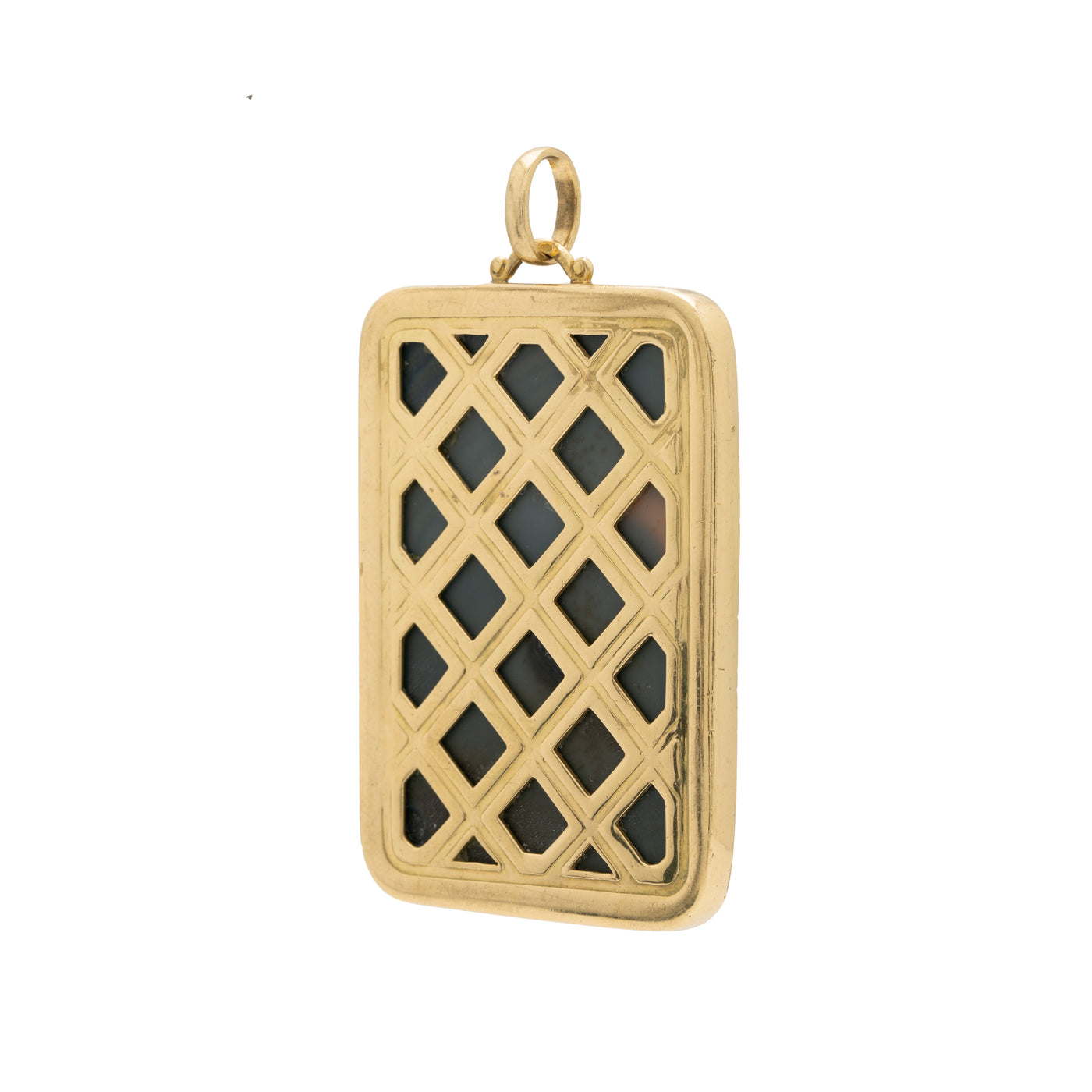 VINTAGE 18K YELLOW GOLD, AGATE, CARNELIAN AND DIAMOND JACK OF DIAMONDS PENDANT c.1970s