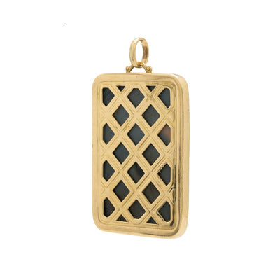 VINTAGE 18K YELLOW GOLD, AGATE, CARNELIAN AND DIAMOND JACK OF DIAMONDS PENDANT c.1970s