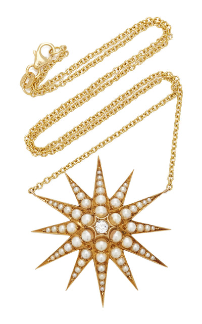 VICTORIAN 18K YELLOW GOLD, DIAMOND AND NATURAL PEARL STARBURST NECKLACE c.1880s