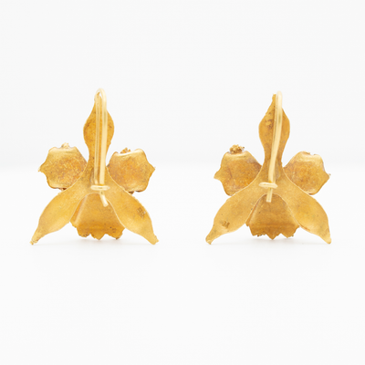 VICTORIAN 18K YELLOW GOLD, CATTLEYA ORCHID GOLD AND PEARL EARRINGS c.1880s