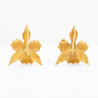 VICTORIAN 18K YELLOW GOLD AND PEARL ORCHID EARRINGS C.1880s